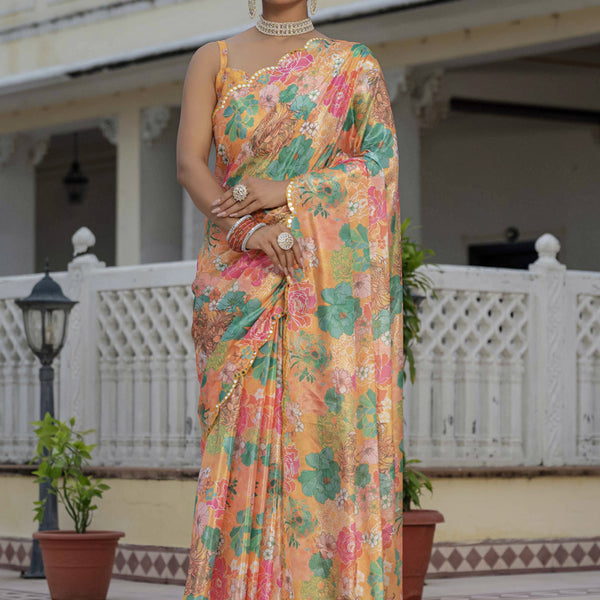 Vegaa Fashion Mustard Chinon Silk Floral Printed With Mirror Cut Border Ready To Wear Saree - Distacart
