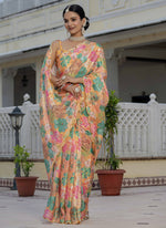 Thumbnail for Vegaa Fashion Mustard Chinon Silk Floral Printed With Mirror Cut Border Ready To Wear Saree - Distacart