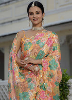 Thumbnail for Vegaa Fashion Mustard Chinon Silk Floral Printed With Mirror Cut Border Ready To Wear Saree - Distacart