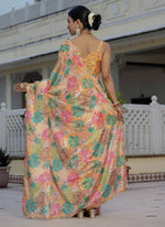 Thumbnail for Vegaa Fashion Mustard Chinon Silk Floral Printed With Mirror Cut Border Ready To Wear Saree - Distacart