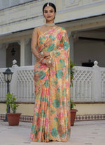 Thumbnail for Vegaa Fashion Mustard Chinon Silk Floral Printed With Mirror Cut Border Ready To Wear Saree - Distacart