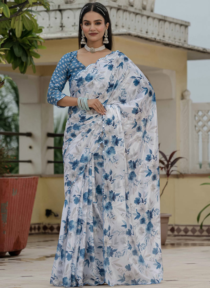 Vegaa Fashion Off White Chinon Silk Floral Printed With Mirror Cut Border Ready To Wear Saree