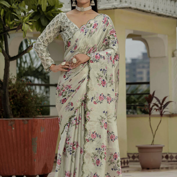 Vegaa Fashion Beige Chinon Silk Floral Printed With Mirror Cut Border Ready To Wear Saree - Distacart