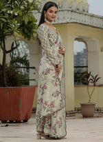 Thumbnail for Vegaa Fashion Beige Chinon Silk Floral Printed With Mirror Cut Border Ready To Wear Saree - Distacart