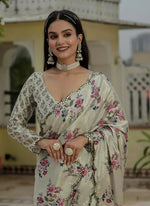 Thumbnail for Vegaa Fashion Beige Chinon Silk Floral Printed With Mirror Cut Border Ready To Wear Saree - Distacart