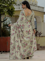 Thumbnail for Vegaa Fashion Beige Chinon Silk Floral Printed With Mirror Cut Border Ready To Wear Saree - Distacart