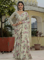 Thumbnail for Vegaa Fashion Beige Chinon Silk Floral Printed With Mirror Cut Border Ready To Wear Saree - Distacart