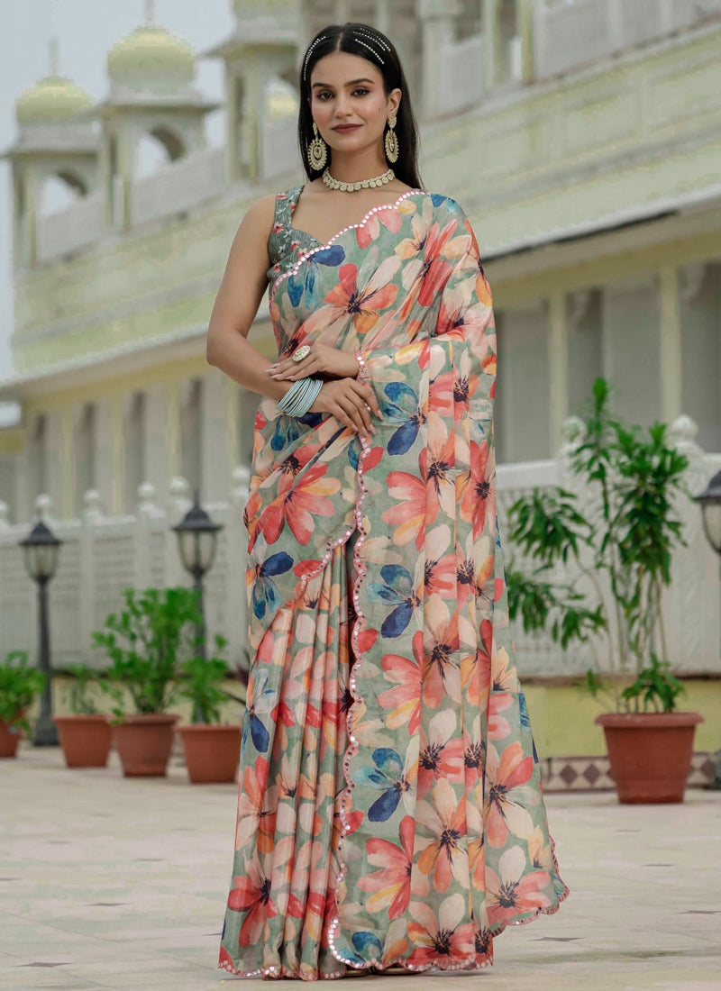 Vegaa Fashion Multi Color Chinon Silk Floral Printed With Mirror Cut Border Ready To Wear Saree