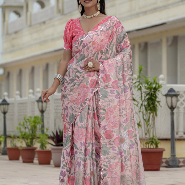 Vegaa Fashion Light Pink Chinon Silk Floral Printed With Mirror Cut Border Ready To Wear Saree - Distacart