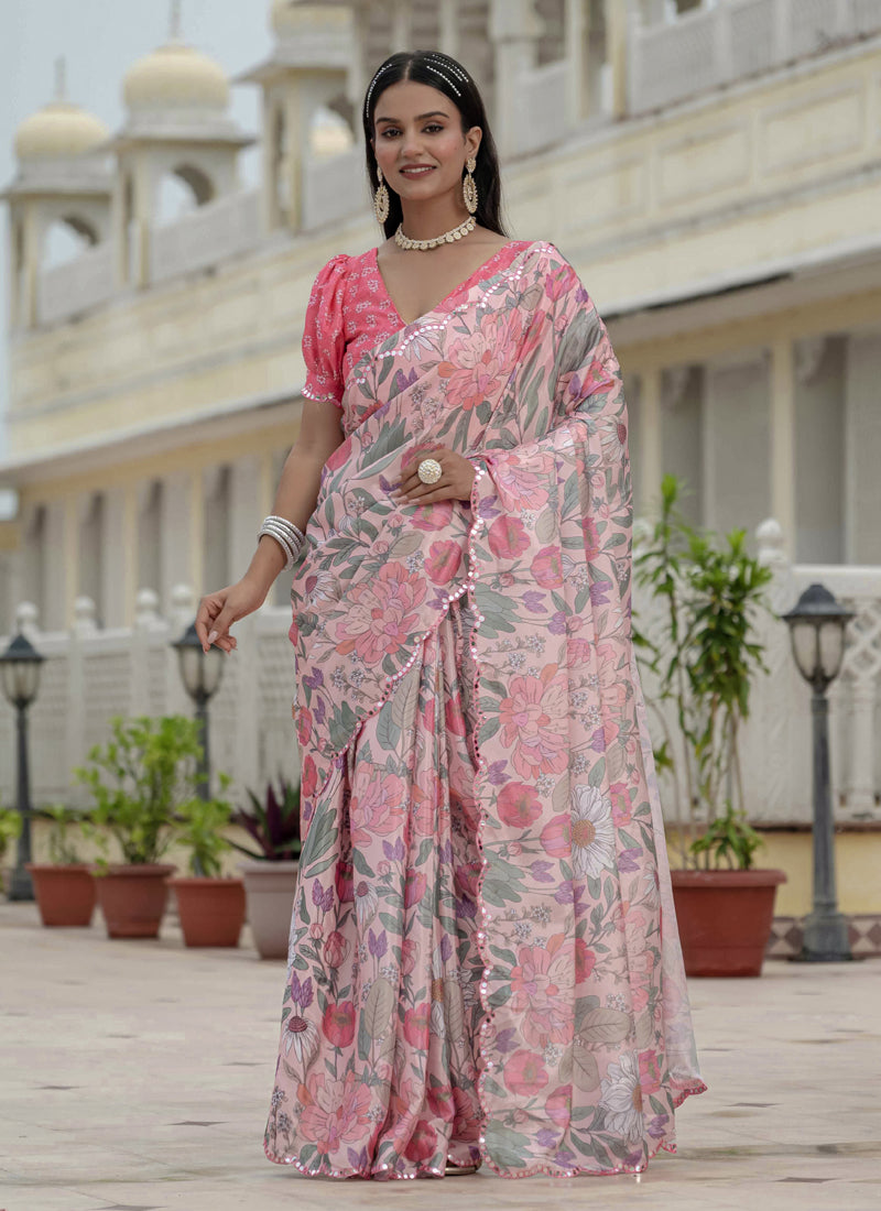 Vegaa Fashion Light Pink Chinon Silk Floral Printed With Mirror Cut Border Ready To Wear Saree - Distacart