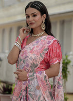 Thumbnail for Vegaa Fashion Light Pink Chinon Silk Floral Printed With Mirror Cut Border Ready To Wear Saree - Distacart