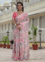 Thumbnail for Vegaa Fashion Light Pink Chinon Silk Floral Printed With Mirror Cut Border Ready To Wear Saree - Distacart