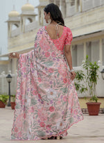 Thumbnail for Vegaa Fashion Light Pink Chinon Silk Floral Printed With Mirror Cut Border Ready To Wear Saree - Distacart
