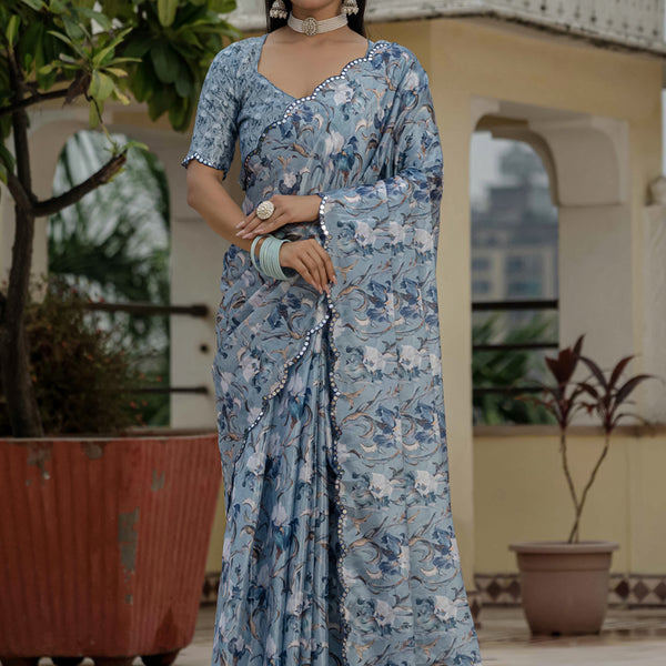 Vegaa Fashion Grey Chinon Silk Floral Printed With Mirror Cut Border Ready To Wear Saree - Distacart