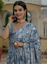 Thumbnail for Vegaa Fashion Grey Chinon Silk Floral Printed With Mirror Cut Border Ready To Wear Saree - Distacart