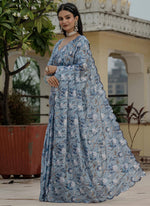 Thumbnail for Vegaa Fashion Grey Chinon Silk Floral Printed With Mirror Cut Border Ready To Wear Saree - Distacart