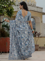 Thumbnail for Vegaa Fashion Grey Chinon Silk Floral Printed With Mirror Cut Border Ready To Wear Saree - Distacart