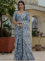 Thumbnail for Vegaa Fashion Grey Chinon Silk Floral Printed With Mirror Cut Border Ready To Wear Saree - Distacart
