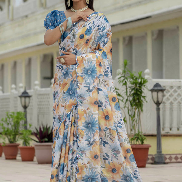 Vegaa Fashion Off White Chinon Silk Floral Printed With Mirror Cut Border Ready To Wear Saree - Distacart