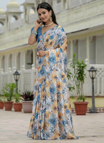 Thumbnail for Vegaa Fashion Off White Chinon Silk Floral Printed With Mirror Cut Border Ready To Wear Saree - Distacart