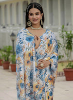 Thumbnail for Vegaa Fashion Off White Chinon Silk Floral Printed With Mirror Cut Border Ready To Wear Saree - Distacart