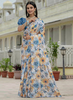 Thumbnail for Vegaa Fashion Off White Chinon Silk Floral Printed With Mirror Cut Border Ready To Wear Saree - Distacart