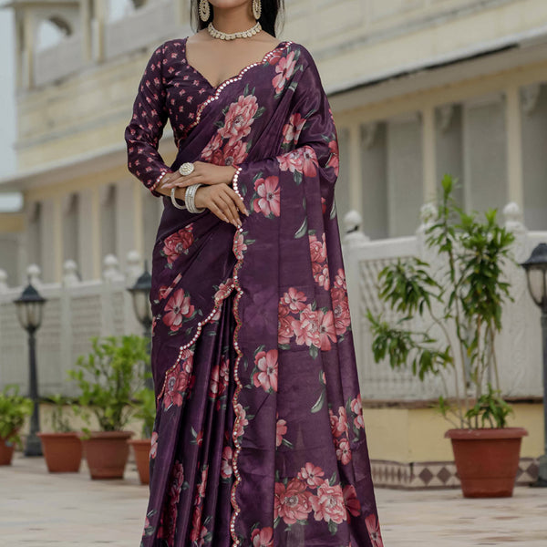 Vegaa Fashion Wine Chinon Silk Floral Printed With Mirror Cut Border Ready To Wear Saree - Distacart