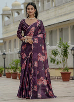 Thumbnail for Vegaa Fashion Wine Chinon Silk Floral Printed With Mirror Cut Border Ready To Wear Saree - Distacart