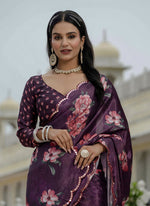 Thumbnail for Vegaa Fashion Wine Chinon Silk Floral Printed With Mirror Cut Border Ready To Wear Saree - Distacart