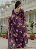 Thumbnail for Vegaa Fashion Wine Chinon Silk Floral Printed With Mirror Cut Border Ready To Wear Saree - Distacart