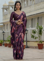Thumbnail for Vegaa Fashion Wine Chinon Silk Floral Printed With Mirror Cut Border Ready To Wear Saree - Distacart