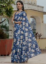 Thumbnail for Vegaa Fashion Blue Chinon Silk Floral Printed With Mirror Cut Border Ready To Wear Saree - Distacart