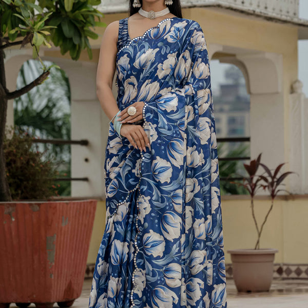 Vegaa Fashion Blue Chinon Silk Floral Printed With Mirror Cut Border Ready To Wear Saree - Distacart