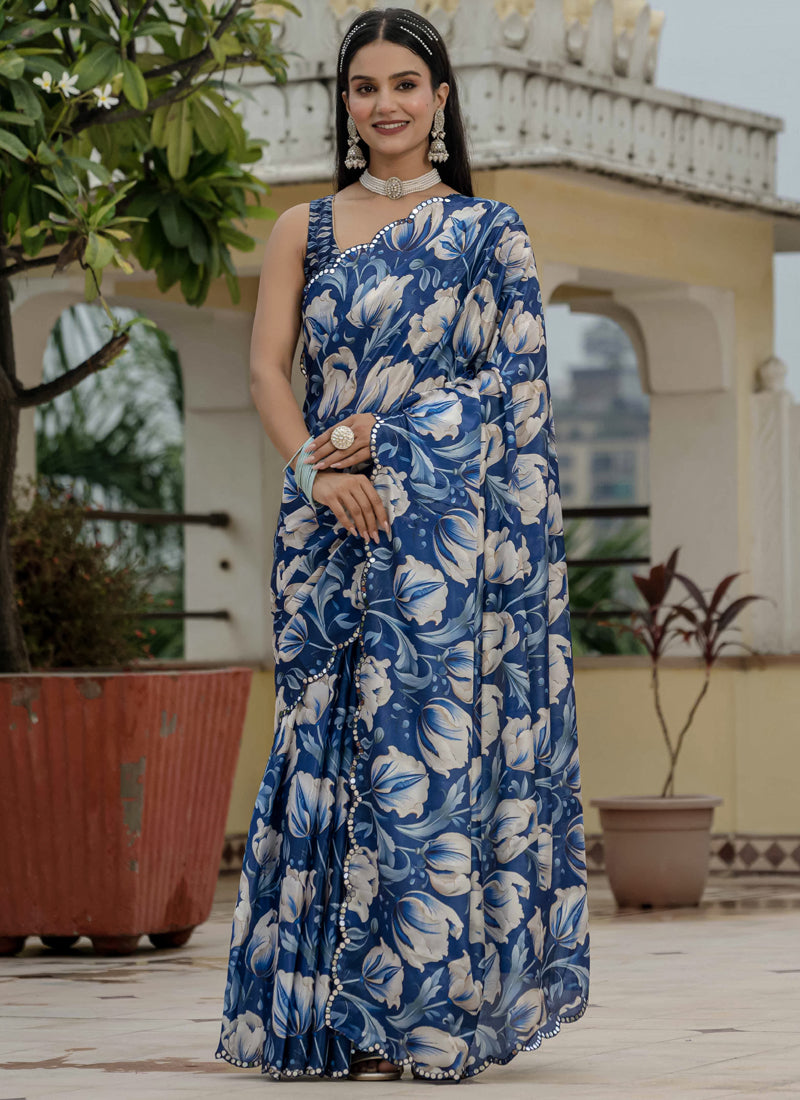 Vegaa Fashion Blue Chinon Silk Floral Printed With Mirror Cut Border Ready To Wear Saree - Distacart
