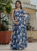 Thumbnail for Vegaa Fashion Blue Chinon Silk Floral Printed With Mirror Cut Border Ready To Wear Saree - Distacart