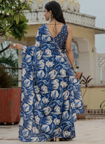 Thumbnail for Vegaa Fashion Blue Chinon Silk Floral Printed With Mirror Cut Border Ready To Wear Saree - Distacart
