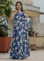 Thumbnail for Vegaa Fashion Blue Chinon Silk Floral Printed With Mirror Cut Border Ready To Wear Saree - Distacart