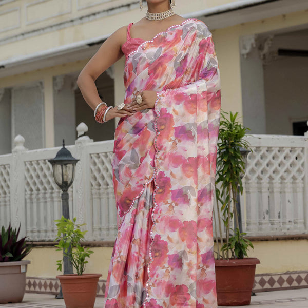 Vegaa Fashion Multi Color Chinon Silk Floral Printed With Mirror Cut Border Ready To Wear Saree - Distacart