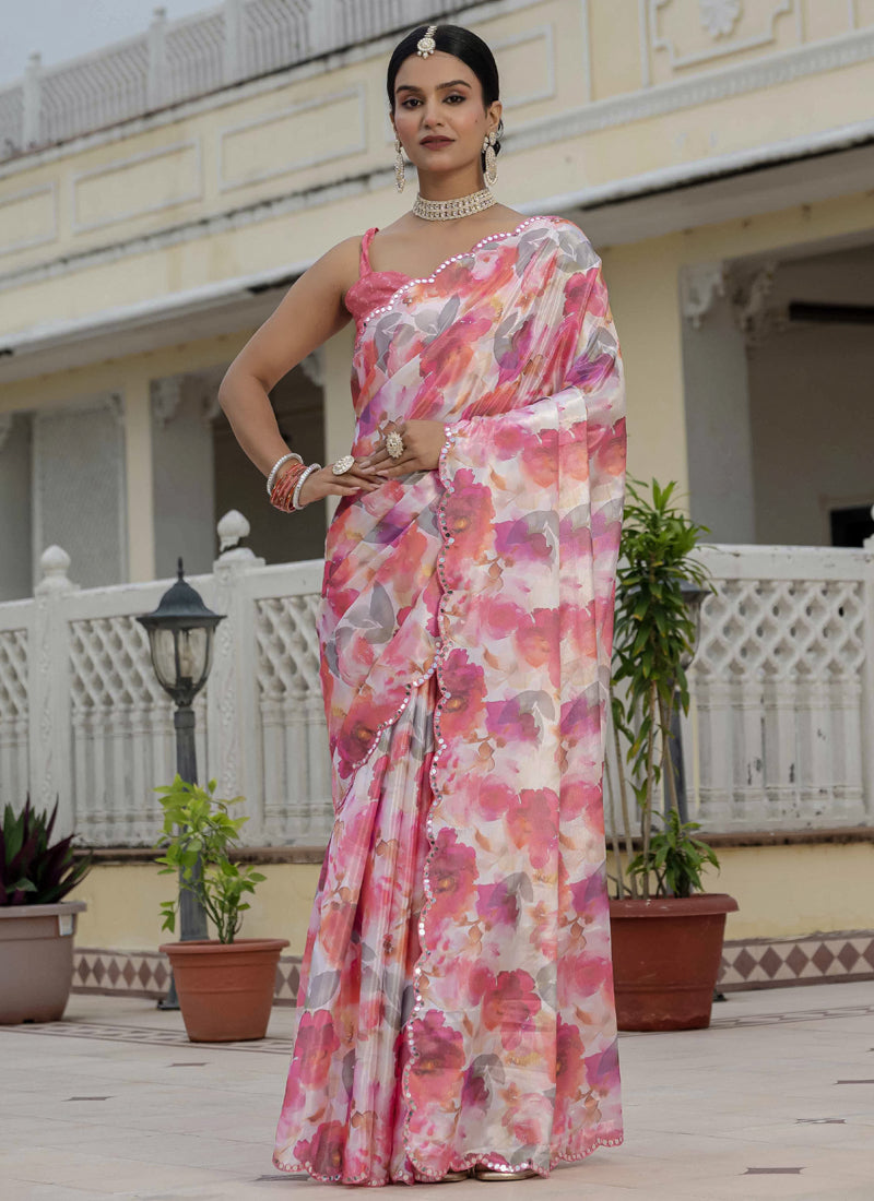 Vegaa Fashion Multi Color Chinon Silk Floral Printed With Mirror Cut Border Ready To Wear Saree - Distacart