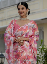 Thumbnail for Vegaa Fashion Multi Color Chinon Silk Floral Printed With Mirror Cut Border Ready To Wear Saree - Distacart