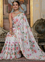 Thumbnail for Vegaa Fashion Off White Chinon Silk Floral Printed With Mirror Cut Border Ready To Wear Saree - Distacart