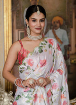 Thumbnail for Vegaa Fashion Off White Chinon Silk Floral Printed With Mirror Cut Border Ready To Wear Saree - Distacart