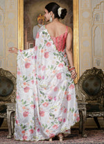 Thumbnail for Vegaa Fashion Off White Chinon Silk Floral Printed With Mirror Cut Border Ready To Wear Saree - Distacart
