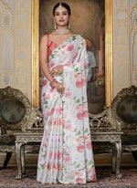 Thumbnail for Vegaa Fashion Off White Chinon Silk Floral Printed With Mirror Cut Border Ready To Wear Saree - Distacart