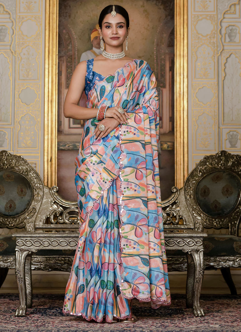 Vegaa Fashion Multi Color Chinon Silk Floral Printed With Mirror Cut Border Ready To Wear Saree
