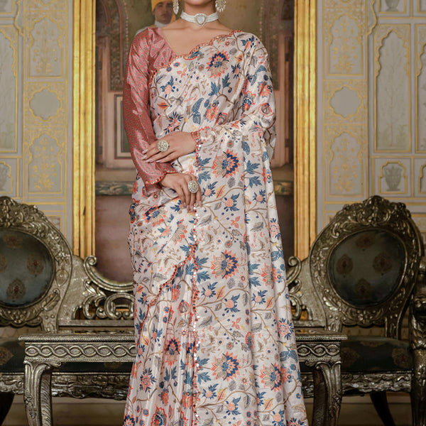 Vegaa Fashion Multi Color Chinon Silk Floral Printed Ready To Wear Saree With Mirror Work Border - Distacart