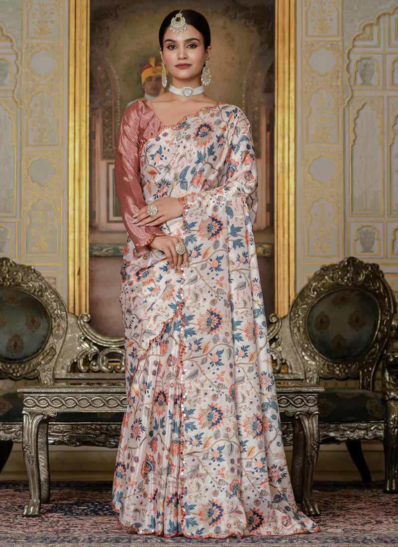 Vegaa Fashion Multi Color Chinon Silk Floral Printed Ready To Wear Saree With Mirror Work Border