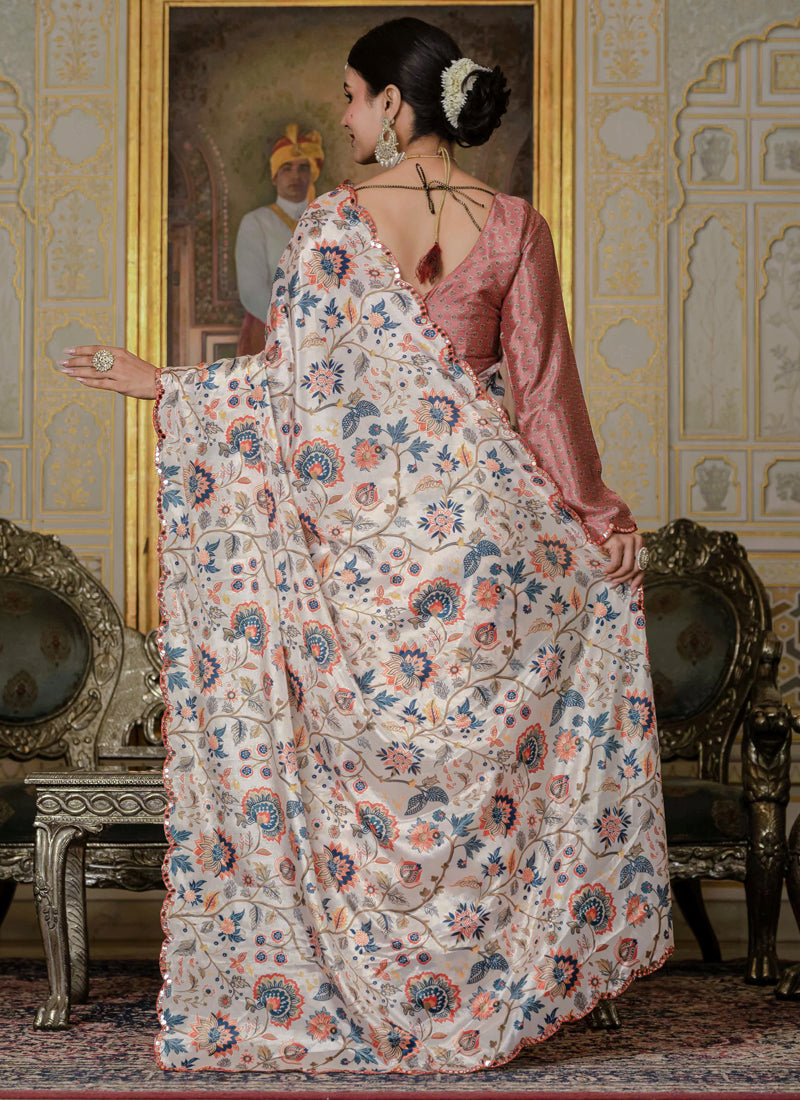 Vegaa Fashion Multi Color Chinon Silk Floral Printed Ready To Wear Saree With Mirror Work Border - Distacart