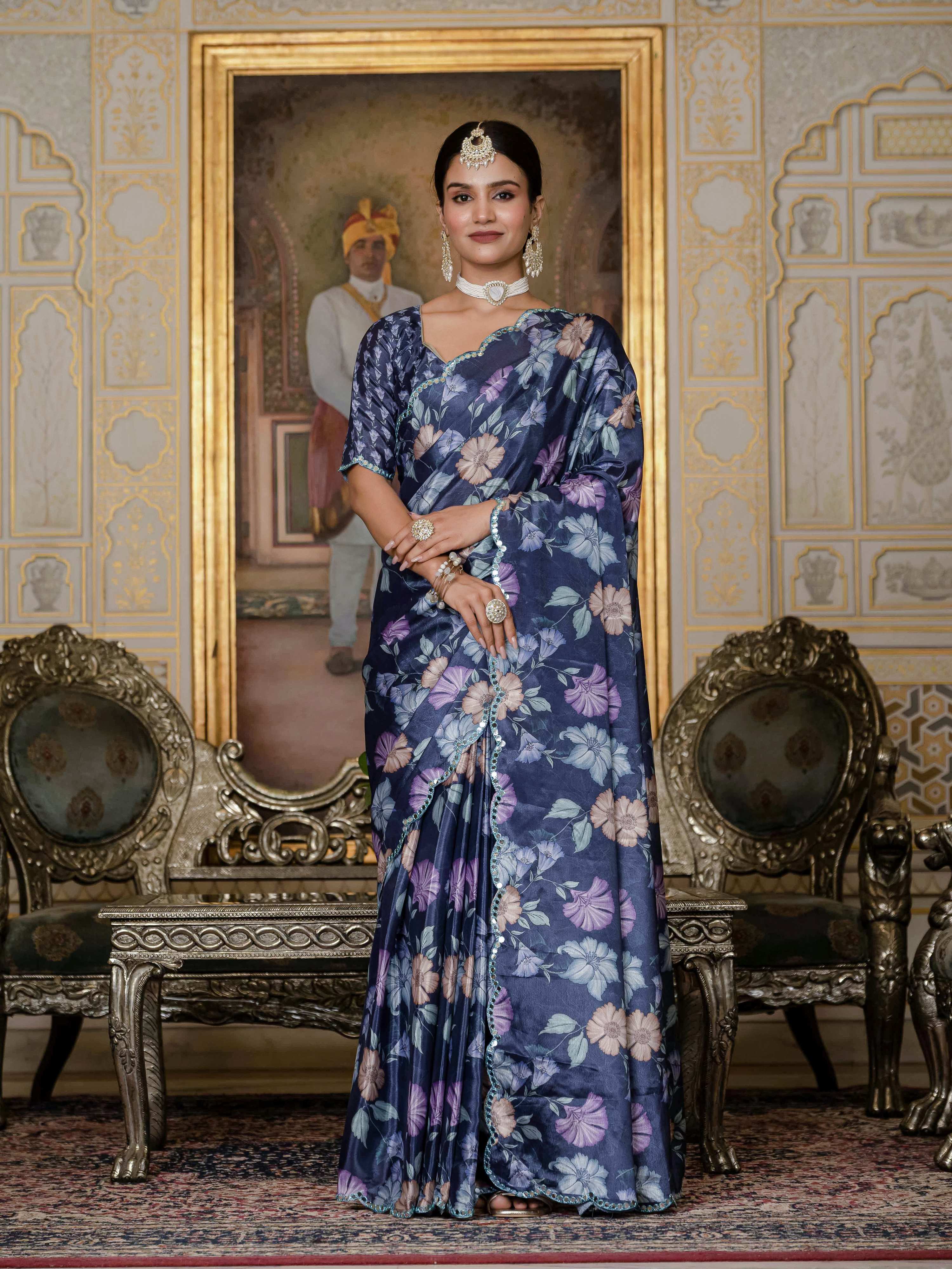 Vegaa Fashion Multi Color Chinon Silk Floral Printed Ready To Wear Saree With Mirror Work Border