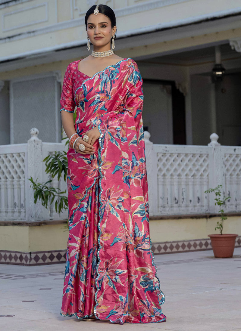 Vegaa Fashion Multi Color Chinon Silk Floral Printed Ready To Wear Saree With Mirror Work Border - Distacart